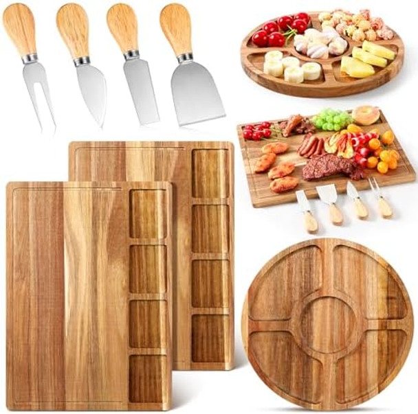 7 Pcs Acacia Charcuterie Board And Knife Set Rectangle Large Cheese Acacia Wood Boards With Container Round Serving Tray Housewarming Bridal Wedding Shower s For Women Couples