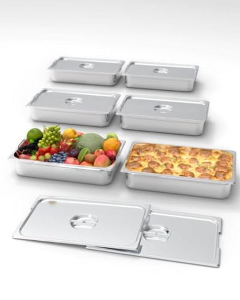 Garvee 6 Pack Steam Table Pan Full Size Hotel Pan [Nsf ] Catering Food Pan Commercial Stainless Steel 4 Inch Deep Anti-Jamminghandle + Lid