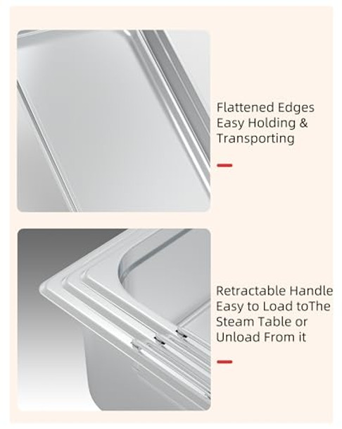 Garvee 6 Pack Steam Table Pan Full Size Hotel Pan [Nsf ] Catering Food Pan Commercial Stainless Steel 4 Inch Deep Anti-Jamminghandle + Lid