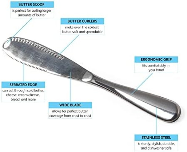 Jbthings Stainless Steel Butter Spreader Knives Set (2-Pack) - 3-In-1 Butter & Cheese Slicer With Serrated Edge & Curling Holes. Includes Top Stand And A Stick-Anywhere Knife Holder Jbthings Stainless Steel Butter Spreader Knives Set (2-Pack) - 3-In-1 Butter & Cheese Slicer With Serrated Edge & Curling Holes. Includes Top Stand And A Stick-Anywhere Knife Holder