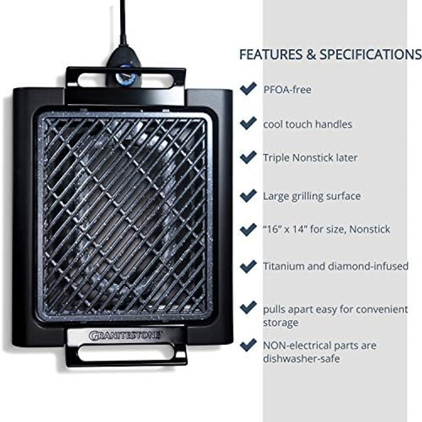 Granitestone Indoor Electric Smoke-Less Grill With Cool-Touch Handles And Adjustable Temperature Dial Nonstick Pfoa- Black 16 X 14" As Seen On Tv Granitestone Indoor Electric Smoke-Less Grill With Cool-Touch Handles And Adjustable Temperature Dial Nonstick Pfoa- Black 16 X 14" As Seen On Tv