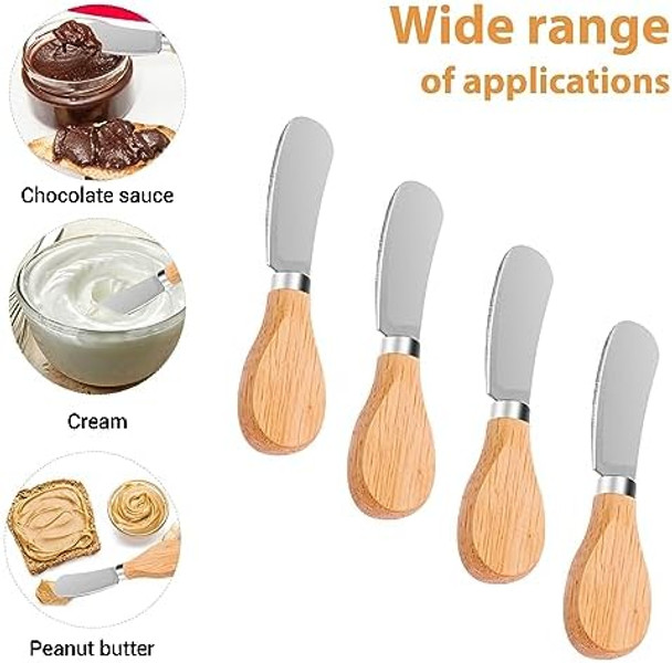 Grevosea 4Pcs Cheese Spreader Knives 4.7 Inch Wooden Handle Butter Spreader Stainless Steel Butter Knife For Cheese Jam Pastry Kitchen Accessories