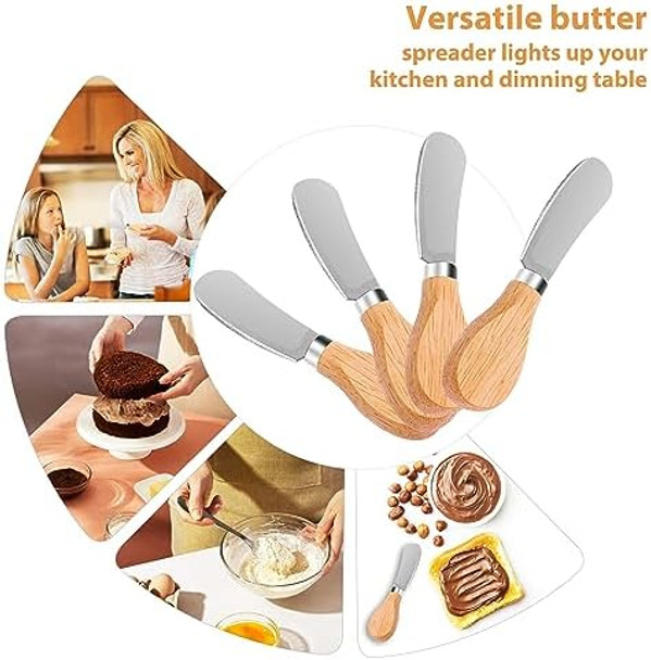 Grevosea 4Pcs Cheese Spreader Knives 4.7 Inch Wooden Handle Butter Spreader Stainless Steel Butter Knife For Cheese Jam Pastry Kitchen Accessories