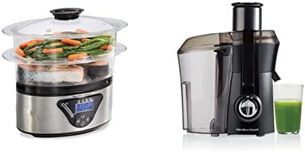 Hamilton Beach Digital Food Steamer For Quick 5.5 Quart Black & Stainless Steel & Juicer Machine Big Mouth Large 3” Feed Chute For Whole Fruits And Vegetables 800W Motor Black