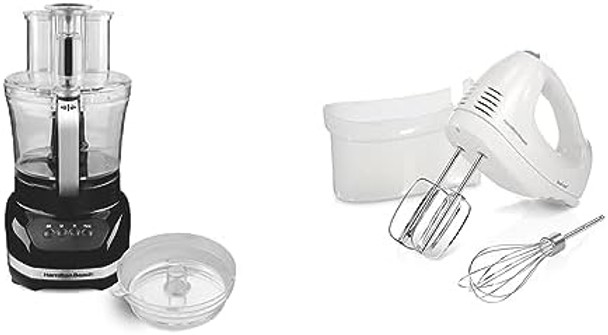 Hamilton Beach Big Mouth Duo Plus 12 Cup Food Processor & Vegetable Chopper With Additional Mini 4 Cup Bowl Black & 6-Speed Electric Hand Mixer With Whisk Traditional Beaters