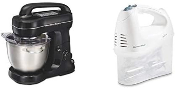 Hamilton Beach Electric Stand Mixer 4 Quarts Dough Hook Flat Beater Attachments Splash Guard 7 Speeds With Whisk Black With Top Handle And Hamilton Beach 6-Speed Electric Hand Mixer With Whisk Traditional Beaters Snap-On Storage Case White