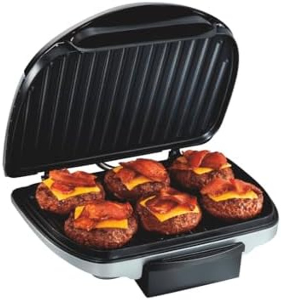 Hamilton Beach Electric Indoor Grill 6-Serving Large 90 Sq. In. Nonstick Easy Clean Plates Floating Hinge For Thicker Foods 1200 Watts 6.38"D X 12.68"W X 13.78"H Silver (25371)