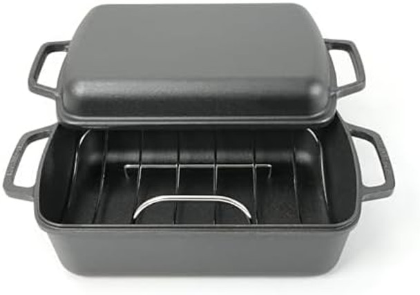 Hawok Cast Iron Rectangular Bakeware Roaster Pan14"X10" 6.4Qt With U-Rackcutting Board Cleaning Cloths Aluminum Foil Apron And Gloves Carry Bag 10-Piece For Indoor/Outdoor Cookingblack