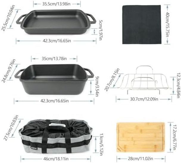 Hawok Cast Iron Rectangular Bakeware Roaster Pan14"X10" 6.4Qt With U-Rackcutting Board Cleaning Cloths Aluminum Foil Apron And Gloves Carry Bag 10-Piece For Indoor/Outdoor Cookingblack