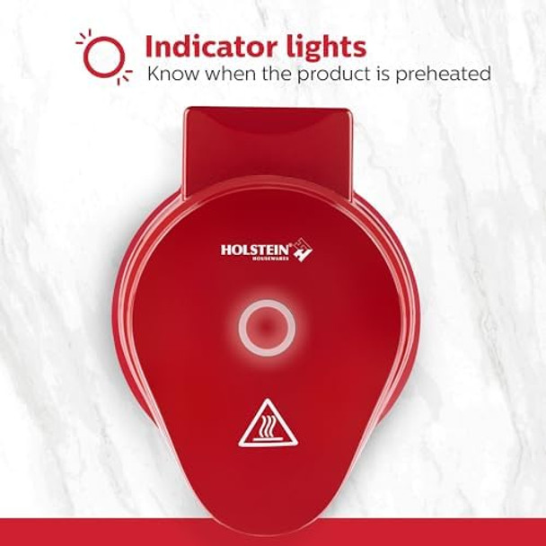 Holstein Housewares Personal Non-Stick Heart Waffle Maker Red - 4-Inch Waffles In Minutes Mini Heart Ideal For Breakfast Brunch Lunch Or Snacks