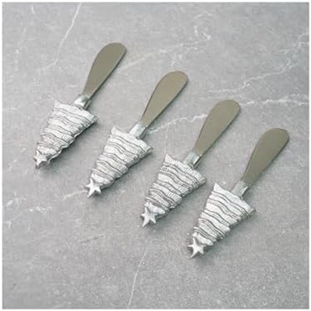 Holiday Christmas Tree Shaped - Silver Tone 5.8 Inch Stainless Steel Butter Cheese Knife Spreader Set Of 4