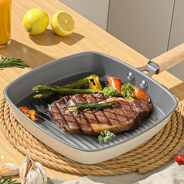 Justup Nonstick Frying Pan9.5 Inch Square Grill Pan Breakfast Pan With Keep Cool Handleversatile Steak Skillet Indoor & Outdoor Grilling (Grey)