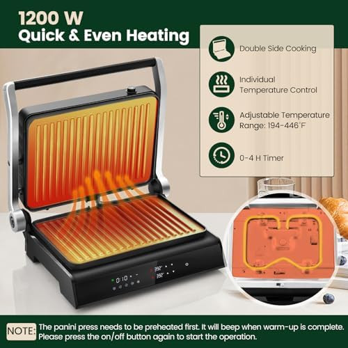 Kotek Panini Press Sandwich Maker 1200W 4 Slice Sandwich Toaster Removable Drip Tray & Non-Stick Coated Plates Open 180° 3-In-1 Electric Indoor Grill W/5 Auto Modes Temperature Control & Timer