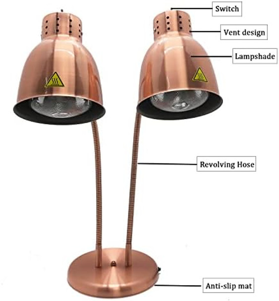 Dual Bulbs Food Heat Lamp 500W Food Warmer Light Adjustable Copper Heating Lamps For Buffet Restaurant Kitchen Parties standing (Dual Bulbs(110V))