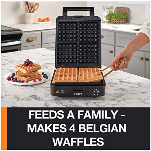 Krups 4-Slice Belgian Waffle Maker: Stainless Steel 5 Browning Levels Audible Ready Beep Removable Plates 1200W Silver/Black - Perfect For Family Breakfasts