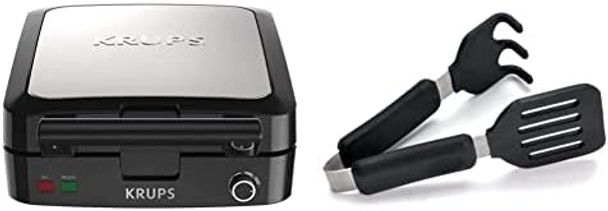 Krups 4-Slice Belgian Waffle Maker: Stainless Steel 5 Browning Levels Audible Ready Beep Removable Plates 1200W Silver/Black - Perfect For Family Breakfasts