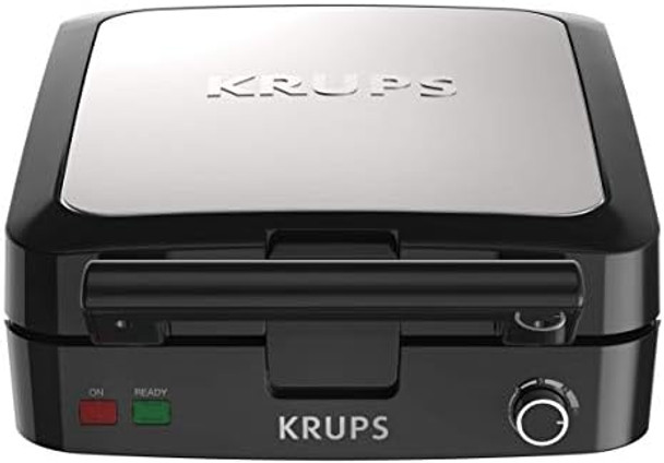 Krups 4-Slice Belgian Waffle Maker: Stainless Steel 5 Browning Levels Audible Ready Beep Removable Plates 1200W Silver/Black - Perfect For Family Breakfasts