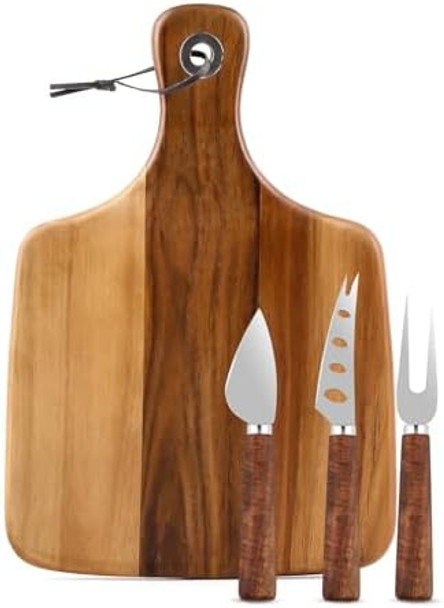 Acacia Wood Charcuterie Board Cheese Board Set Of 4-Wooden Cheese Platter & Cheese Knife & Cheese Fork Acacia Wood Cutting Board With Handle