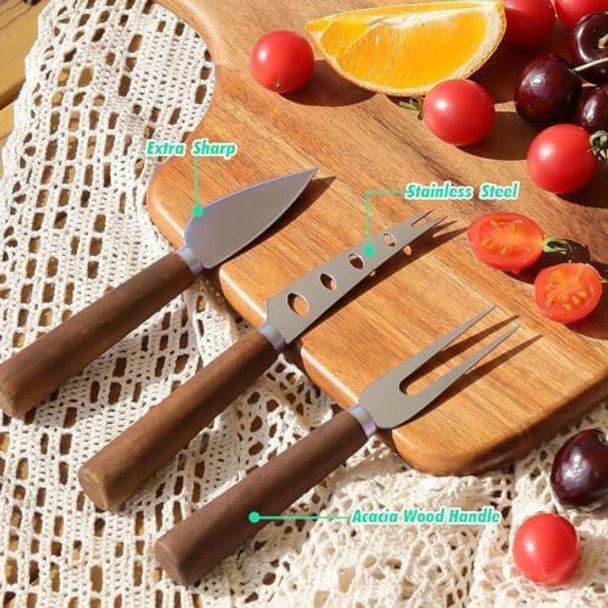 Acacia Wood Charcuterie Board Cheese Board Set Of 4-Wooden Cheese Platter & Cheese Knife & Cheese Fork Acacia Wood Cutting Board With Handle