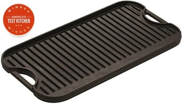 Lodge 20 X 10.44 Inch Pro-Grid Reversible Cast Iron Grill/Griddle – Double Burner Cookware Pre-Seasoned Non-Toxic Made In Usa For Stovetop Oven Grill & Campfire