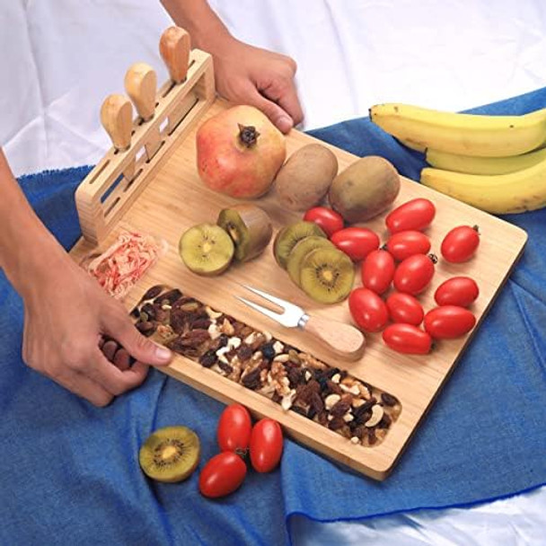 Square 13'' Bamboo Cutting Cheese Board And Knife Set Wooden Charcuterie Platter Meat Tray W/Slide-Out Drawers With 4 Cheese Stainless Steel Knives Chopping Board Food Prep Station Serving Board