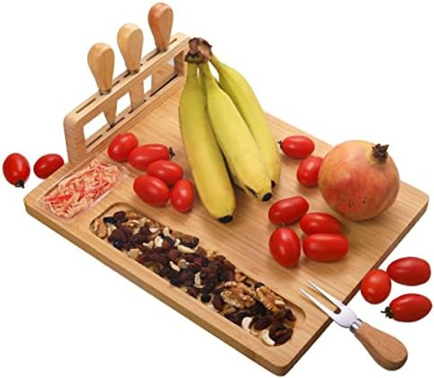 Rectangle 14'' Bamboo Cutting Cheese Board Forks And Knife Set Wooden Charcuterie Platter Meat Tray With 4 Cheese Stainless Steel Knives Chopping Board Food Prep Station Serving Board