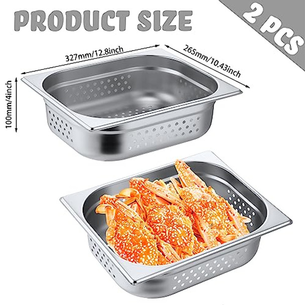 Lounsweer 2 Pack Half Size Hotel Pans Perforated Steam Table Pan Stainless Steel Half Steam Pan Commercial Catering Food Pan For Kitchen Restaurant Serving Supplies(12.8'' X 4'' X 10.43'')