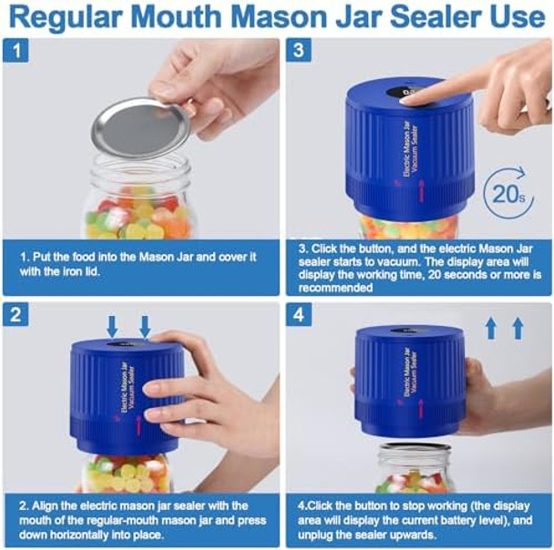 Electric Mason Jar Vacuum Sealer Kit Navy Blue & Mason Jar Lids And Rings 48Pcs/24 Sets For Wide Mouth