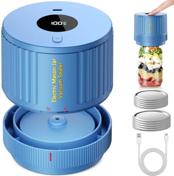 Electric Mason Jar Vacuum Sealer Kit Navy Blue & Mason Jar Lids And Rings 48Pcs/24 Sets For Wide Mouth