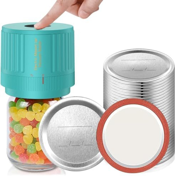 Electric Mason Jar Vacuum Sealer Kit Green & Mason Jar Lids And Rings 48Pcs/24 Sets For Wide Mouth