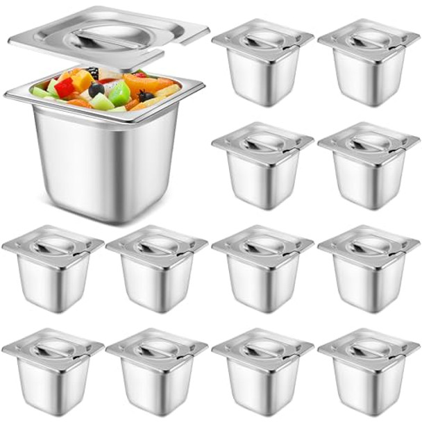 Maxcheck 12 Pcs Stainless Steel Hotel Pan With Lids 1/6 Size Chafing Steam Table Catering Pans With Notched Cover Commercial Stackable Metal Steamer For Buffet Party Storage Food(5.9 Inch)