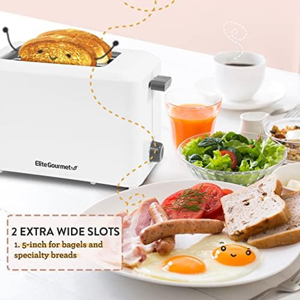 Elite Gourmet Ect-1027 Cool Touch Toaster 7 Toast Settings Cancel Functions Slide Out Crumb Tray Extra Wide 1.5" Slots For Bagels Waffles Specialty Breads Puff Pastry Snacks White
