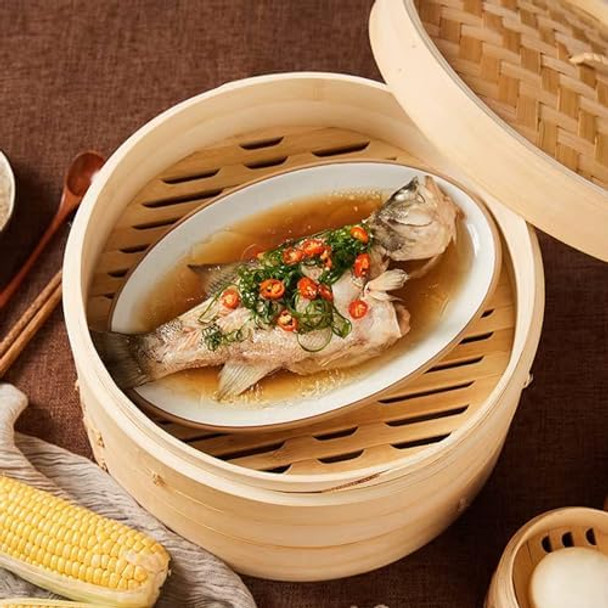 Minesign 12 Inch Bamboo Steamer 2 Tier And 100 Count Perforated Parchment Paper Bamboo Steamer Liners Set For Dim Sum Fish And Meat