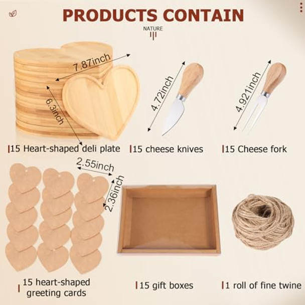 Nuogo 15 Set Bridal Shower Party Favors For Guests s Heart Shaped Cheese Board Knife Fork Set Bamboo Charcuterie Cutting Board With Thank You Tag And Boxes For Wedding Baby Shower Valentine