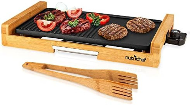Nutrichef Non-Stick Plate Removable Grill & Griddle Plate Smokeless Electric Bamboo Grill Bbq Grill With Temperature Control Durable Quality Ideal For Indoor Bbq