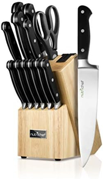 Nutrichef 13-Piece Kitchen Knife Set With Wooden Block - Precision Crafted Stainless Steel Knives With Scissors & Built-In Sharpener - Lightweight Durable & Razor Sharp - Dishwasher Safe (Nckns13)