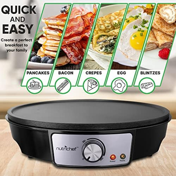 Nutrichef Electric Crepe Maker & Griddle Cooktop - Nonstick 12 Inch Aluminum Hot Plate With Led Indicator Lights & Adjustable Temperature Control - Wooden Spatula & Batter Spreader Included