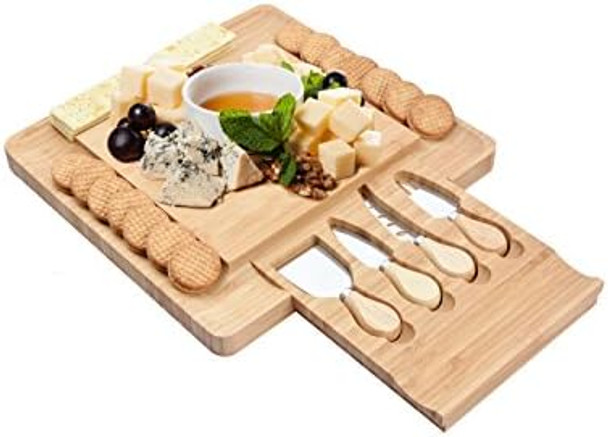 Bamboo Cheese Board And Knife Set - Square Charcuterie Wooden Serving Board With 4 Cheese Knives In A Pull-Out Drawer Great To Present Cheese Platter For Picnic Or Parties