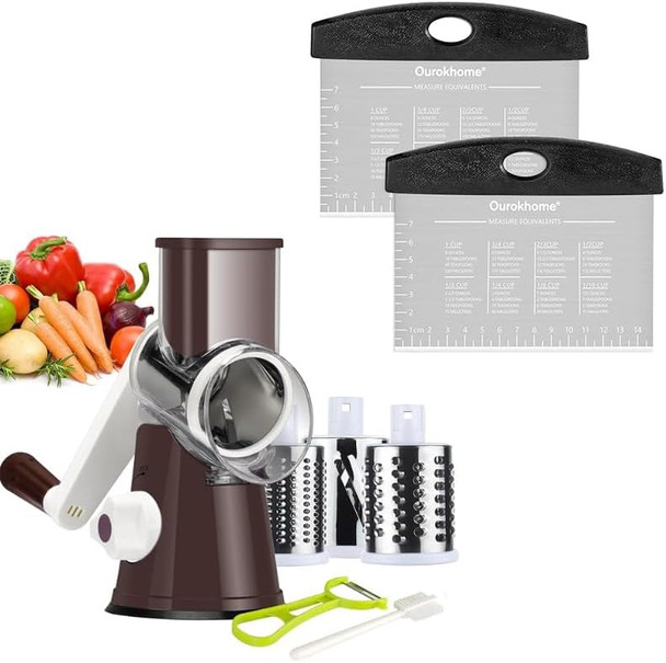 Ourokhome Rotary Cheese Grater Shredder And Kitchen Dough Bench Scraper Knife With Vegetable Peeler And Cleaning Brush