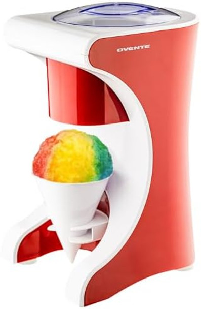 Ovente Shaved Ice Snow Cone Machine With Reusable Plastic Cup Non-Slip Mat And Stainless Steel Blade Kitchen Countertop Slushie Machine For Homemade Snowballs Frozen Cocktails & More Red Icr1505R