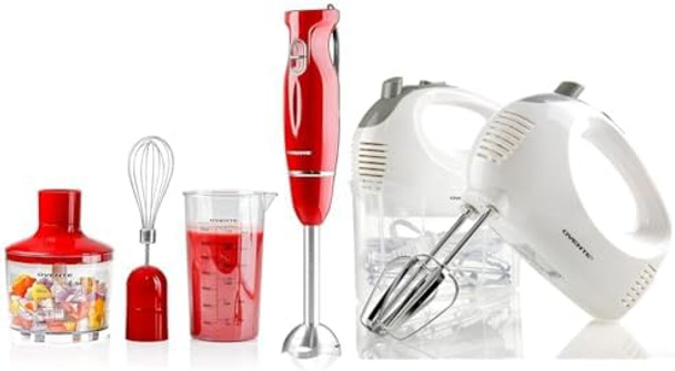 Ovente Immersion Electric Hand Blender 300 Watt Power 2 Mix Speed With Stainless Steel Blades & Portable 5 Speed Mixing Electric Hand Mixer With Stainless Steel Whisk Beater Attachments