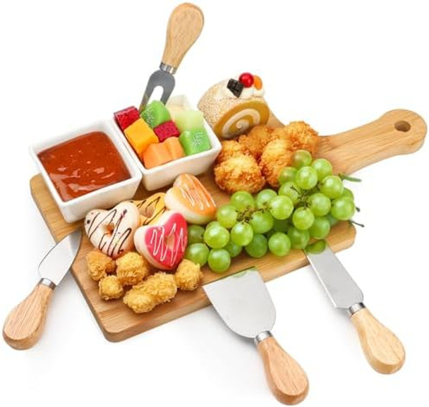 Patelai 16 Pcs Charcuterie Board Bamboo Square Mini Cheese Cutting Board And White Ceramic Bowl Stainless Cheese Knives Forks Set For Mother'S Day Anniversary Housewarming Wedding