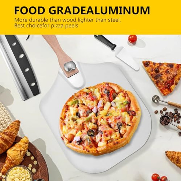 Aluminum Pizza Peel 12 Inch Pizza Spatula Paddle(12"X 14") With Foldable Wooden Handle Pizza Cutter Cheese Spatula Pizza Oven Accessories For Baking Pizza Dough Bread & Pastry