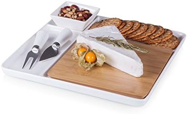 Toscana - A Picnic Time Brand Peninsula Cutting Board & Serving Tray Cheese Board Charcuterie Board Appetizer Plate (Bamboo & White Porcelain) Toscana - A Picnic Time Brand Peninsula Cutting Board & Serving Tray Cheese Board Charcuterie Board Appetizer Plate (Bamboo & White Porcelain)