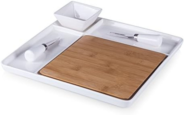 Toscana - A Picnic Time Brand Peninsula Cutting Board & Serving Tray Cheese Board Charcuterie Board Appetizer Plate (Bamboo & White Porcelain)