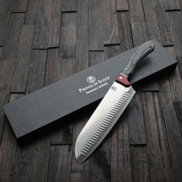 Prince Of Scots Double Bevel Santuko Knife 7 Inch Charcoal Pakkawood Quad Tang Blade