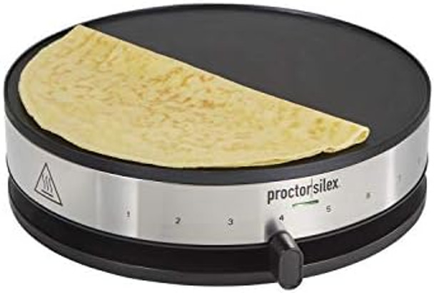 Proctor Silex Electric Crepe Maker With 13” Nonstick Griddle For Eggs Pancakes Omelets And Quesadillas With Temperature Control Spatula Spreader Batter Cup Stainless Steel (38400Ps)