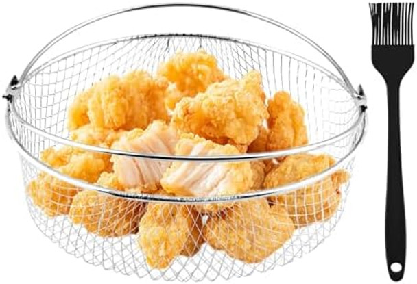 Quixleen 8.25 Inch 304 Stainless Steel Air Fryer Basket For Instant Pot 6 8Qt Air Fryer Accessories Oven Steamer Basket Mesh Basket With Handle For Air Fryer Oven Steamer