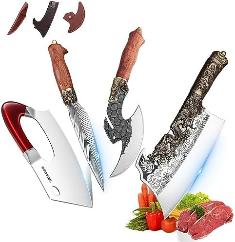 Viking Effort Saving Chef Knife Set - Dragon Boning Meat Kitchen Cleaver With Sheath For Outdoor Camping Bbq Collection Men