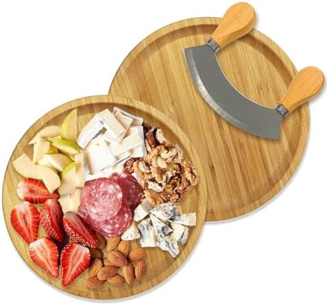 Round Bamboo Serving Tray With Handled Mezzaluna Knife Fruit Bread Salad Plate Round Wood Charcuterie Board Coffee Table Suitable For Storage And Display (Bamboo 8X8 Inch)